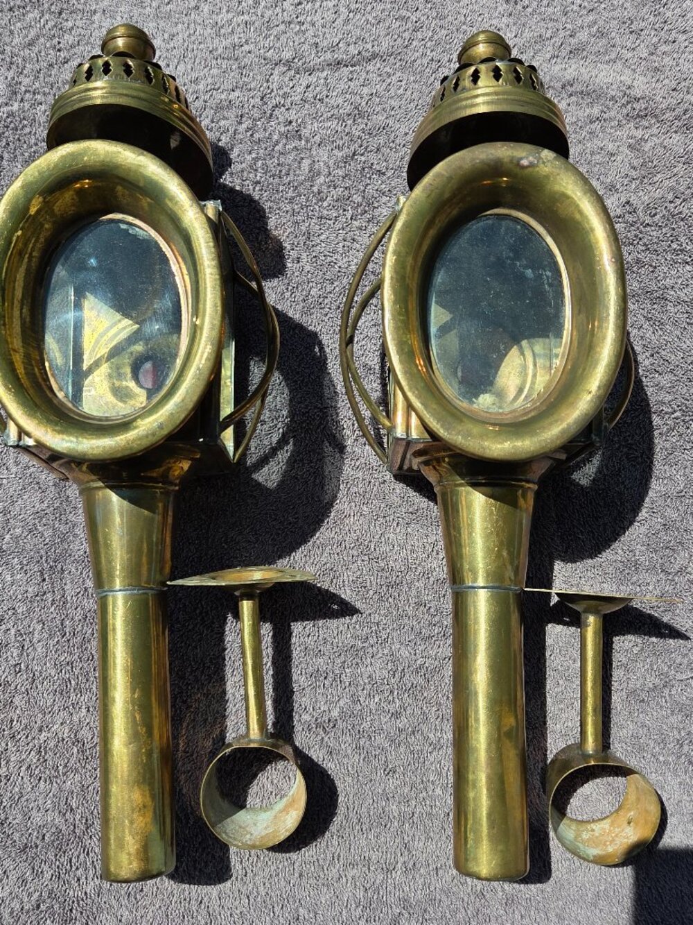 Pair Antique Brass Beveled Glass Buggy Carriage Oil Lamp Lantern Coach Red Light